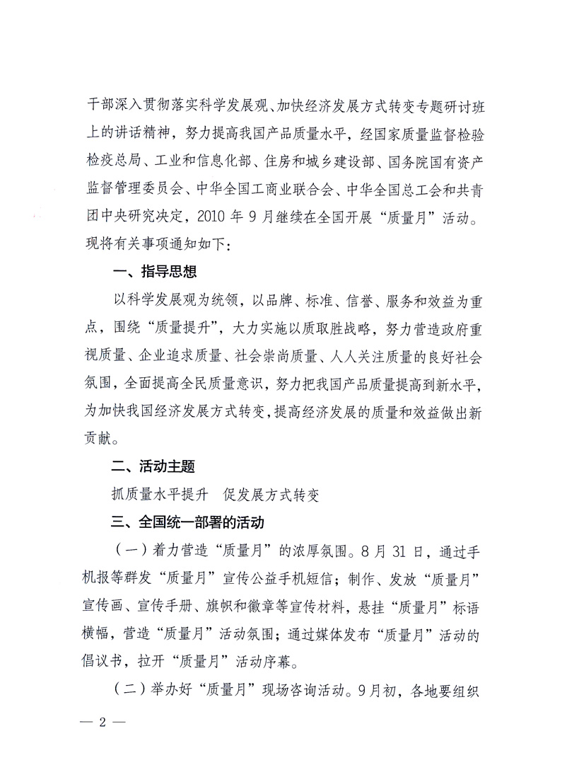 國家質(zhì)量監(jiān)督檢驗檢疫總局、工業(yè)和信息化部、住房和城鄉(xiāng)建設(shè)部、國務(wù)院國有資產(chǎn)監(jiān)督管理委員會、中華全國工商業(yè)聯(lián)合會、中華全國總工會、共青團中央《關(guān)于開展2010年全國“質(zhì)量月”活動的通知》